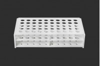 White plastic test tube holder in size 212x107x50 mm with 50 holes (13mm hole opening)