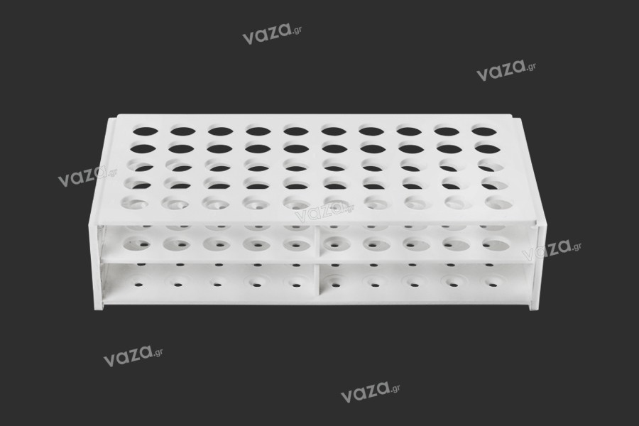 White plastic test tube holder in size 212x107x50 mm with 50 holes (13mm hole opening)