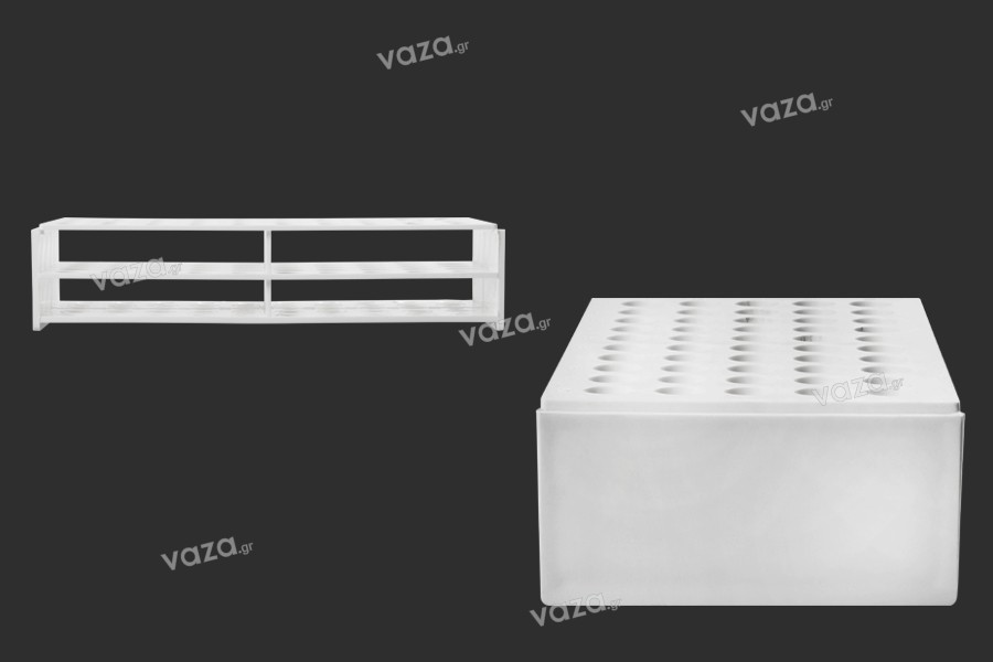 White plastic test tube holder in size 238x110x55 mm with 50 holes (16mm hole opening)