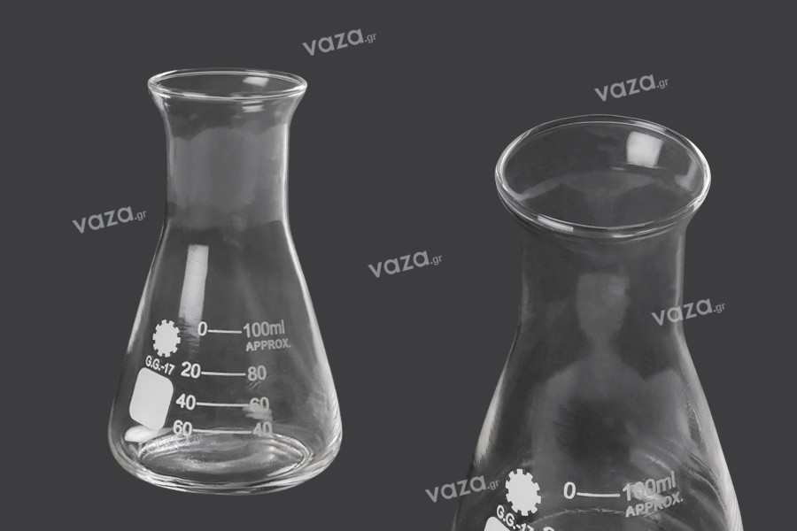 Beuta conica di vetro (Erlenmeyer) da 100 ml con indicazioni di volumetria