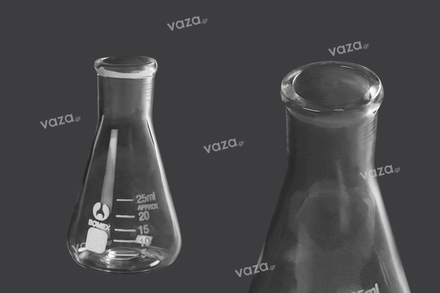 Beuta conica di vetro (Erlenmeyer) da 25 ml con indicazioni di volumetria