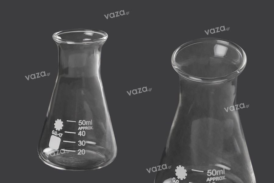 Beuta conica di vetro (Erlenmeyer) da 50 ml con indicazioni di volumetria