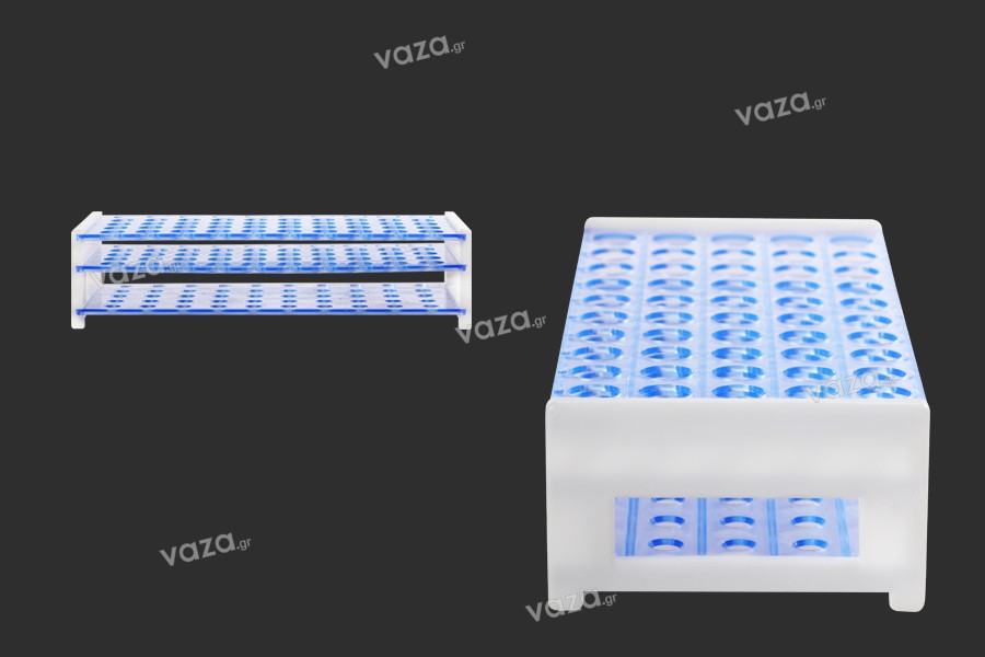 Plastic test tube holder in size 251x107x68 mm with 50 holes (16mm hole opening)