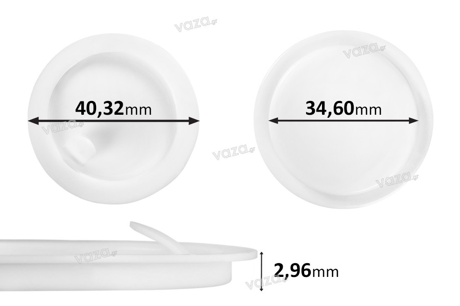 Guarnizione in plastica (PE) bianca, altezza 2,96 mm – diametro 40,32 mm (piccola: 34,60 mm) – 12 pz