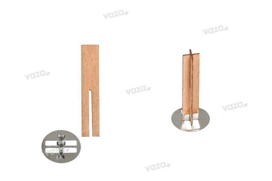 Fitil din lemn 10x50 mm in forma de cruce cu baza metalica pentru lumanari - 25 buc
