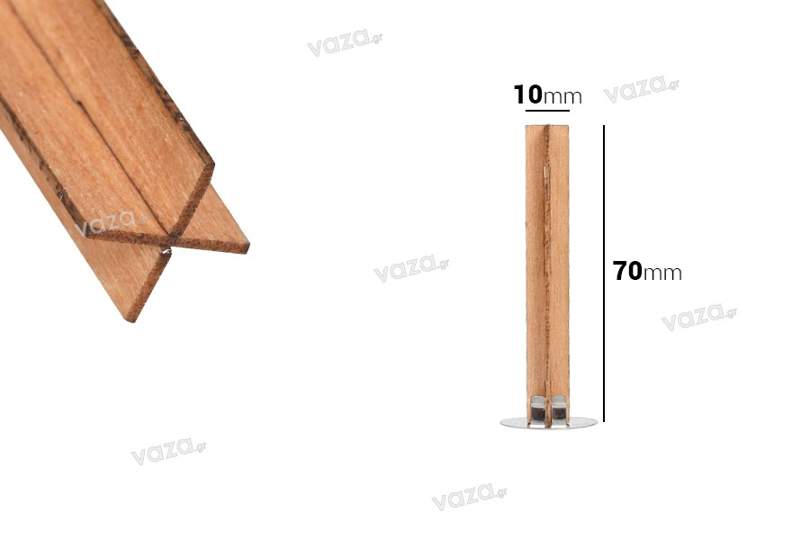 Holzdochte 10x70 mm in Form eines Kreuzes mit Metallbasis für Kerzen - 25 Stk