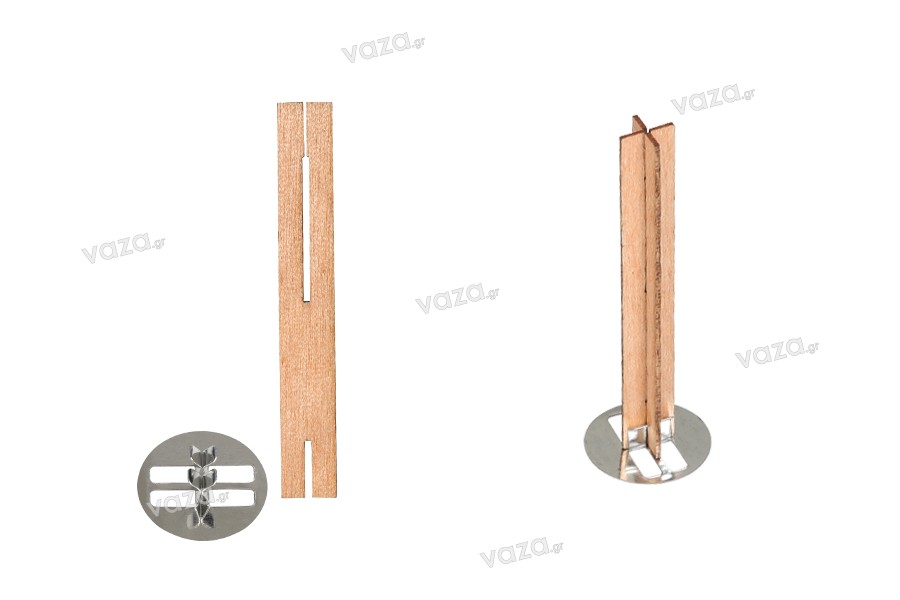 Fitil din lemn 10x70 mm in forma de cruce cu baza metalica pentru lumanari - 25 buc