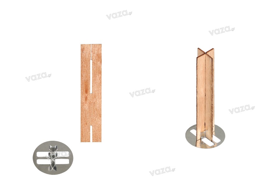 Mèches en bois 13 x 60 mm en forme de croix avec base en métal pour bougies - 25 pcs