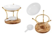 Metallic scenter in round shape with wooden base and ceramic tealight spoon for candles and oils