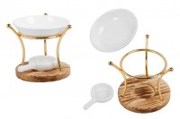 Metallic scenter in round shape with wooden base and ceramic tealight spoon for candles and oils
