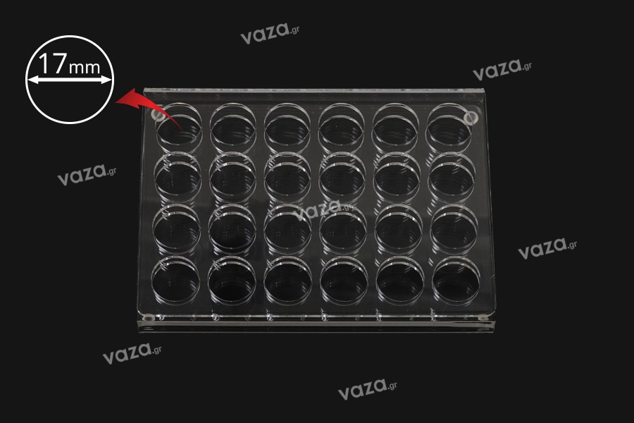 Plexiglass display rack stand in size 165x120x28 with silicon feet and 24 holes (17 mm hole opening)