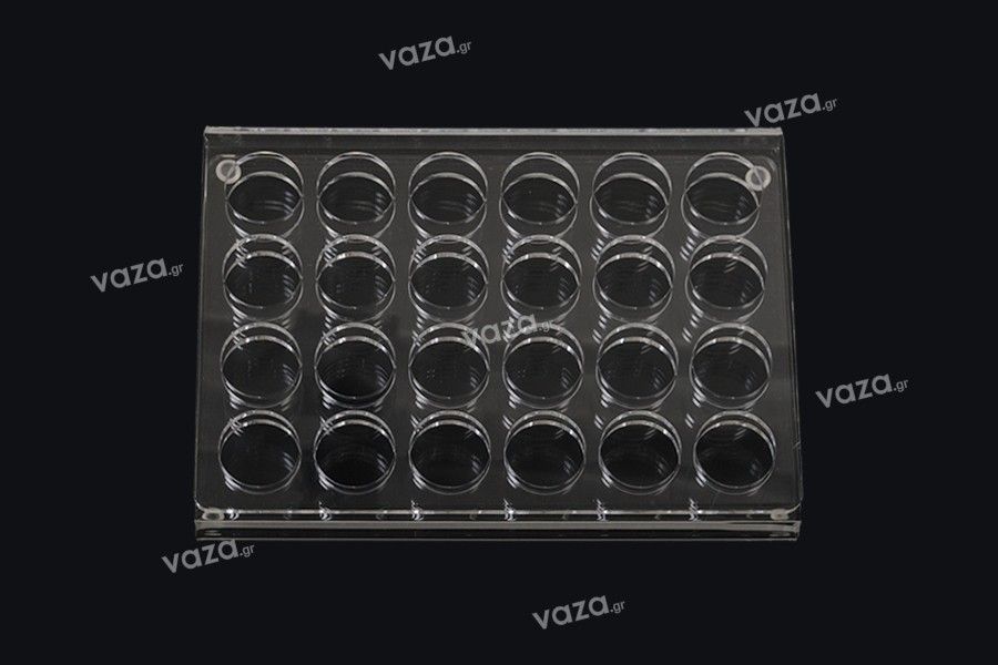 Plexiglass display rack stand in size 190x140x28 with silicon feet and 24 holes (25 mm hole opening)