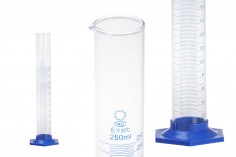 250ml graduated glass measuring cylinder with blue plastic base
