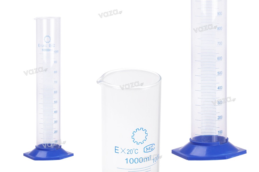 Tube volumétrique de 1000 ml en verre avec support bleue en plastique