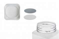 Barattolo quadrato per sali da 750 ml,  trasparente in plastica (PET) con tappo bianco e sigillo ad alta frequenza.