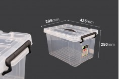 Storage box 425x295x250 mm plastic, transparent with handle and safety closure