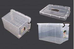 Boîte de rangement aux dimensions 425 x 295 x 250 mm en plastique, transparente avec poignée et fermeture de sécurité