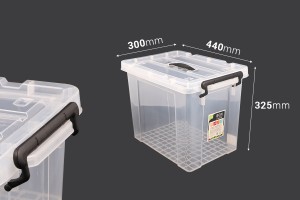 Boîte de rangement aux dimensions 440 x 300 x 325 mm en plastique, transparente avec poignée et fermeture de sécurité-εικόνα_διαστάσεις