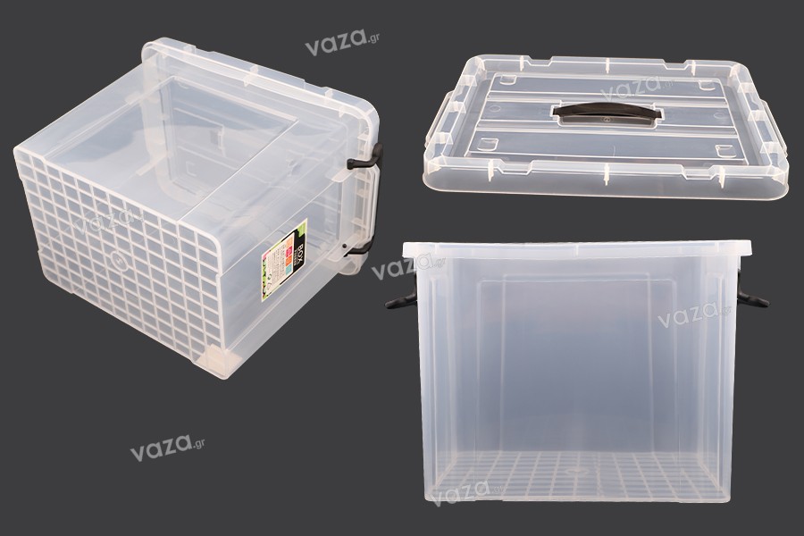 Boîte de rangement aux dimensions 440 x 300 x 325 mm en plastique, transparente avec poignée et fermeture de sécurité