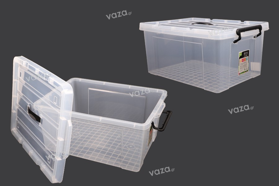 Boîte de rangement aux dimensions 510 x 385 x 240 mm en plastique, transparente avec poignée et fermeture de sécurité