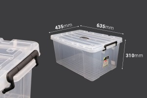 Boîte de rangement aux dimensions 635 x 435 x 310 mm en plastique, transparente avec poignée et fermeture de sécurité-εικόνα_διαστάσεις