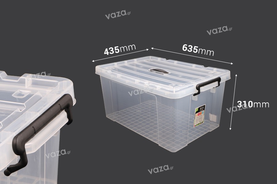 Boîte de rangement aux dimensions 635 x 435 x 310 mm en plastique, transparente avec poignée et fermeture de sécurité