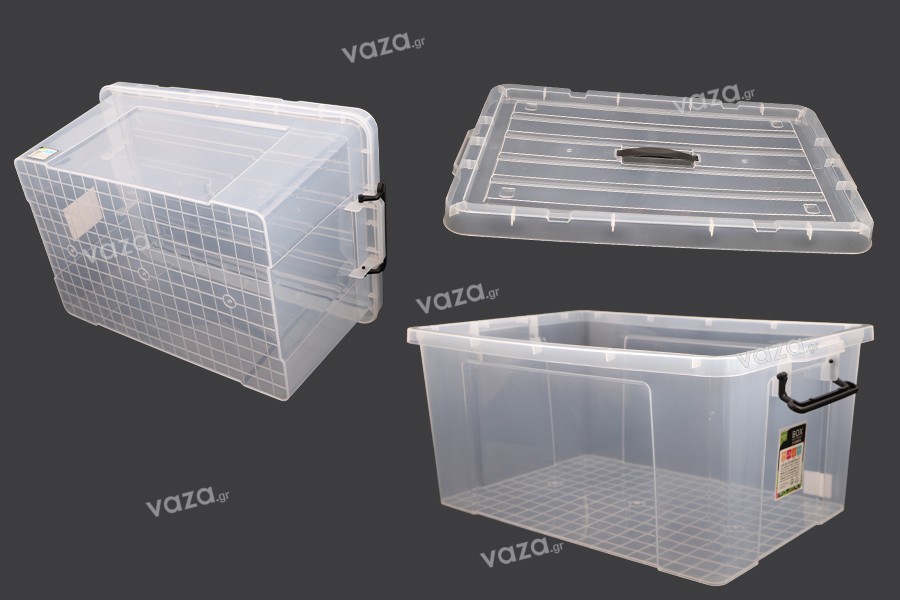 Kuti magazinimi 635x435x310 mm plastike, transparente me dorezë dhe mbyllje sigurie