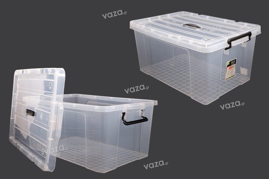 Kuti magazinimi 635x435x310 mm plastike, transparente me dorezë dhe mbyllje sigurie