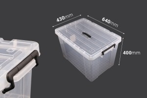 Boîte de rangement aux dimensions 640 x 430 x 400 mm en plastique, transparente avec poignée et fermeture de sécurité-εικόνα_διαστάσεις