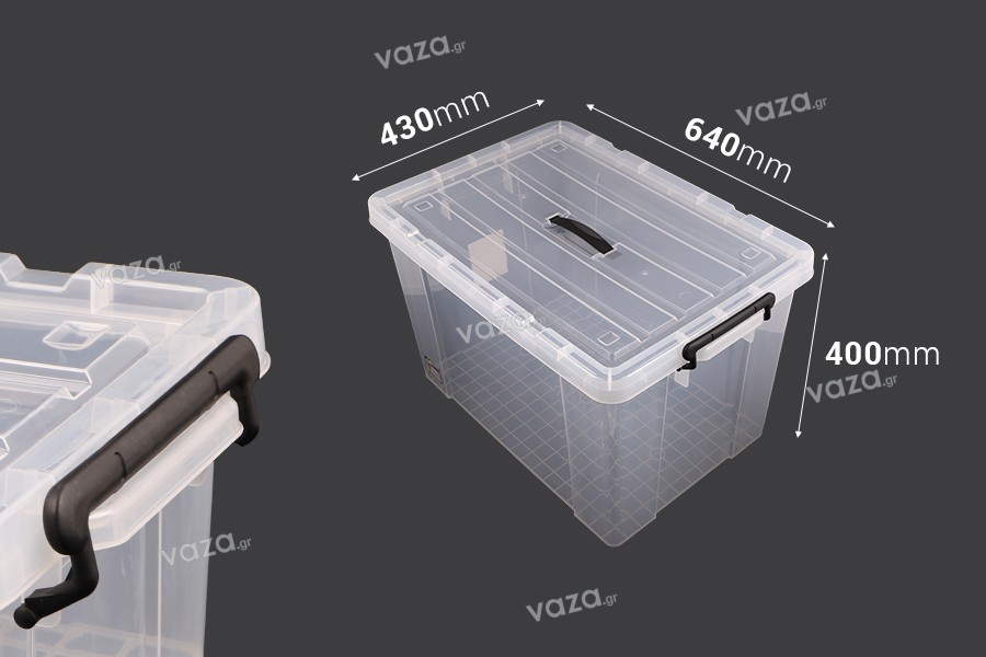 Boîte de rangement aux dimensions 640 x 430 x 400 mm en plastique, transparente avec poignée et fermeture de sécurité