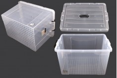 Boîte de rangement aux dimensions 640 x 430 x 400 mm en plastique, transparente avec poignée et fermeture de sécurité