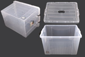 Boîte de rangement aux dimensions 640 x 430 x 400 mm en plastique, transparente avec poignée et fermeture de sécurité-εικόνα_σύνθεση
