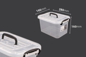 Boîte de rangement aux dimensions 280 x 195 x 160 mm en plastique, transparente, avec poignée et fermeture de sécurité.-εικόνα_διαστάσεις