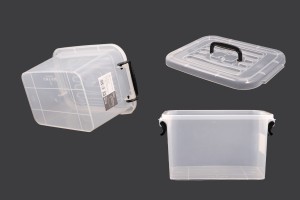 Boîte de rangement aux dimensions 280 x 195 x 160 mm en plastique, transparente, avec poignée et fermeture de sécurité.-εικόνα_σύνθεση