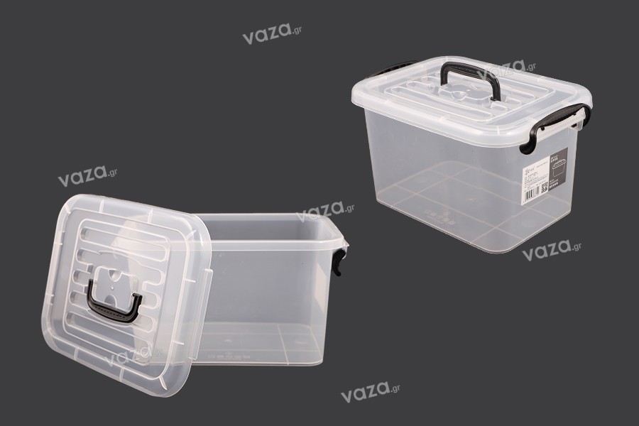 Boîte de rangement aux dimensions 280 x 195 x 160 mm en plastique, transparente, avec poignée et fermeture de sécurité.