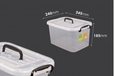 Boîte de rangement aux dimensions 345 x 240 x 185 mm en plastique, transparente, avec poignée et fermeture de sécurité.