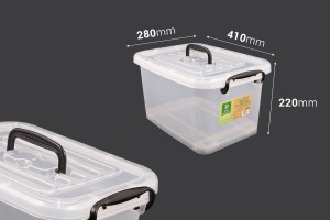 Boîte de rangement aux dimensions 410 x 280 x 220 mm en plastique, transparente, avec poignée et fermeture de sécurité.-2