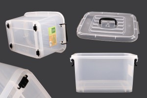 Boîte de rangement aux dimensions 410 x 280 x 220 mm en plastique, transparente, avec poignée et fermeture de sécurité.-3