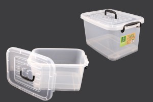 Boîte de rangement aux dimensions 410 x 280 x 220 mm en plastique, transparente, avec poignée et fermeture de sécurité.-1