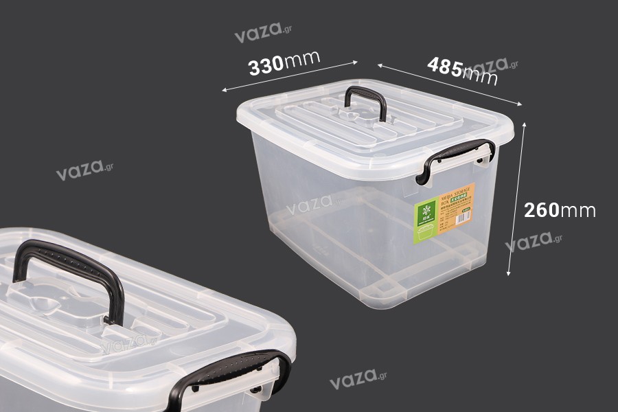 Storage box 485x330x260 mm plastic, semi transparent with handle, wheels and safety closure
