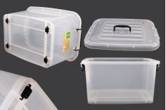 Boîte de rangement aux dimensions 485 x 330 x 260 mm en plastique, transparente, avec poignée et fermeture de sécurité.