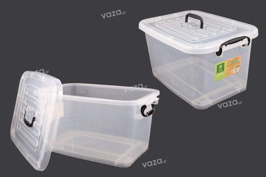 Boîte de rangement aux dimensions 485 x 330 x 260 mm en plastique, transparente, avec poignée et fermeture de sécurité.