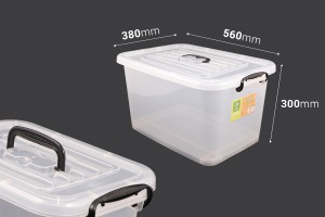 Boîte de rangement aux dimensions 560 x 380 x 300 mm en plastique, transparente, avec poignée et fermeture de sécurité.-2