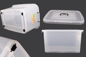 Boîte de rangement aux dimensions 560 x 380 x 300 mm en plastique, transparente, avec poignée et fermeture de sécurité.-3