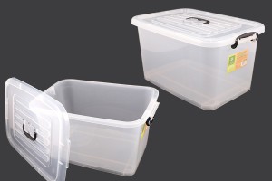 Boîte de rangement aux dimensions 560 x 380 x 300 mm en plastique, transparente, avec poignée et fermeture de sécurité.-1