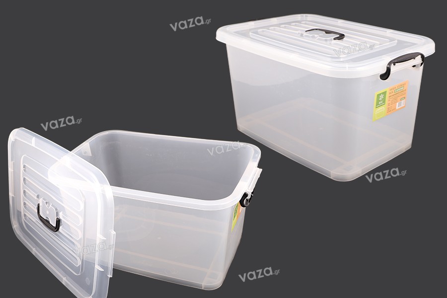 Storage box 560x380x300 mm plastic, semi transparent with handle, wheels and safety closure