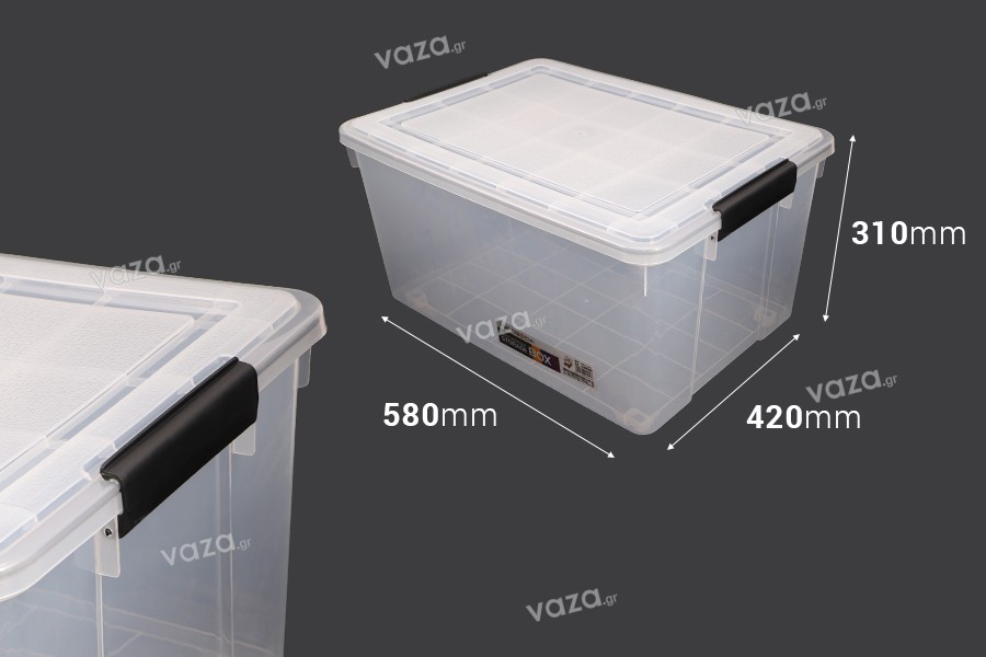Boîte de rangement aux dimensions 580 x 420 x 310 mm en plastique transparent avec fermeture de sécurité