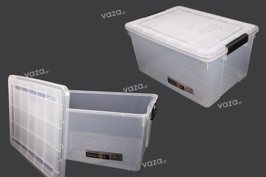 Boîte de rangement aux dimensions 580 x 420 x 310 mm en plastique transparent avec fermeture de sécurité