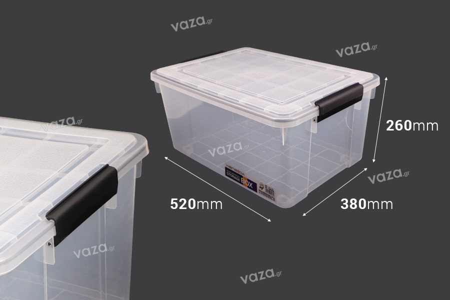 Storage box 520x380x260 mm transparent plastic with safety closure