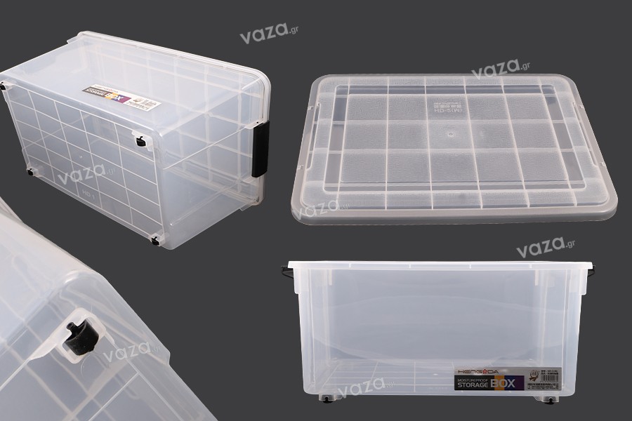 Boîte de rangement aux dimensions 520 x 380 x 260 mm en plastique transparent avec fermeture de sécurité